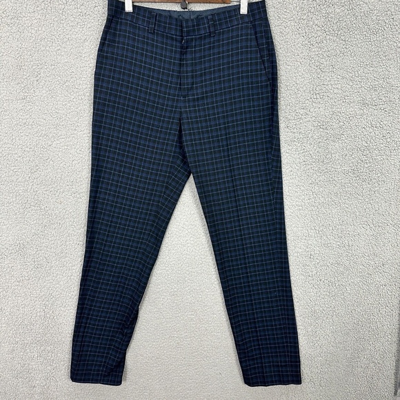 Topman Mens Dress‎ Pants 30 Navy Blue Check Plaid Slim Fit Trousers Work Preppy - Picture 1 of 6